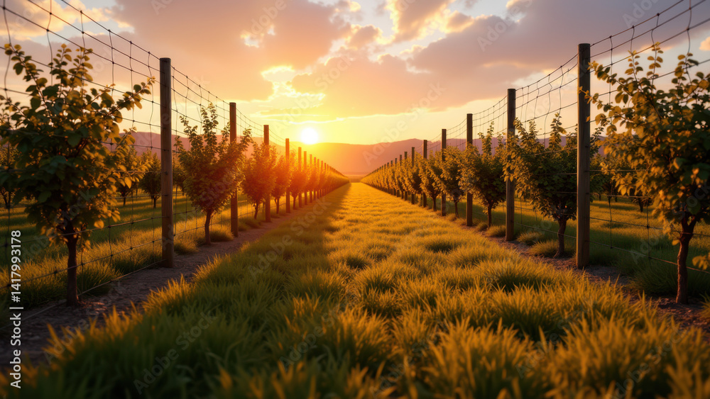 Obraz premium Sunlit vineyard with rows of grapevines during sunset.