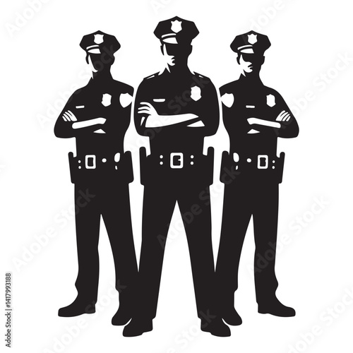 Three Policemen Silhouette Vector Illustration Standing Guard Illustration