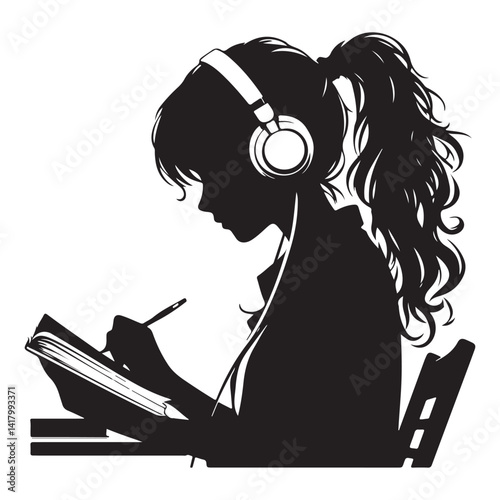 Girl Writing Black Silhouette Vector Notebook Illustration Design