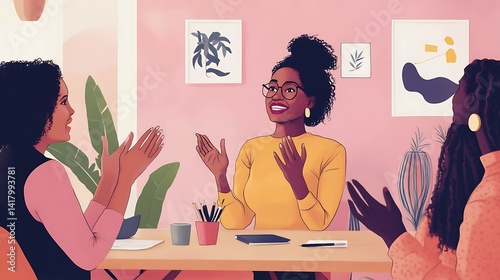 Female coworkers applauding a team leader in a meeting room after a successful product pitch