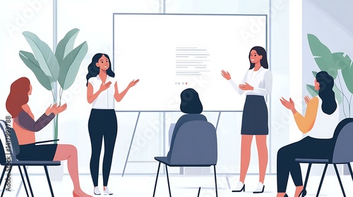 Female coworkers applauding a team speaker presenting future initiatives in a professional space