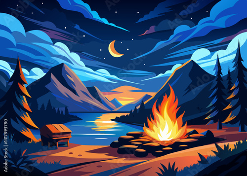 Campfire burning brightly by a lake under a crescent moon with mountains and trees at night scenery