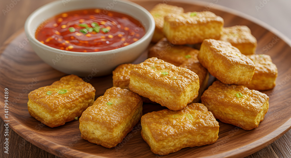 Golden Fried Tofu Cubes Served With Spicy Dipping Sauce On A Wooden Tray