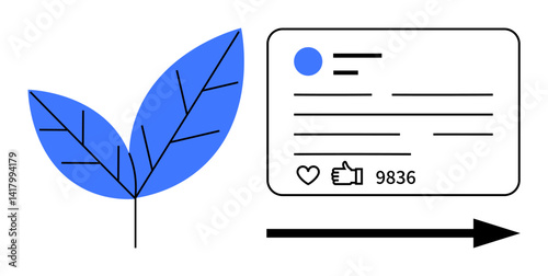 Blue leaf linking to social media profile card with thumbs ups and followers. Ideal for sustainability, social media, digital marketing, eco-awareness, branding, analytics, simple landing page