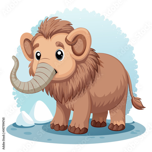 baby woolly mammoth with tiny tusks, standing on snow, cartoon vector, fuzzy texture style, soft cool pastel palette