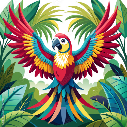colorful cuban macaw with spread wings, tropical jungle background, vector illustration, extinct parrot bird, stylized feathers