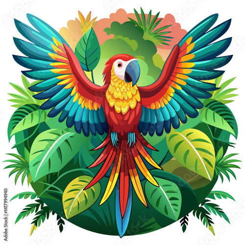 colorful cuban macaw with spread wings, tropical jungle background, vector illustration, extinct parrot bird, stylized feathers