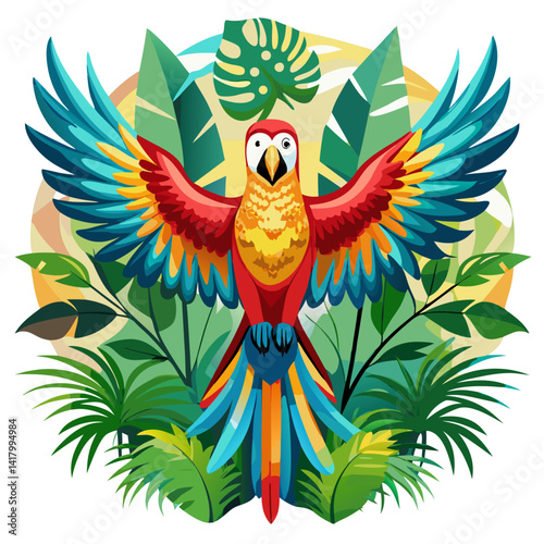 colorful cuban macaw with spread wings, tropical jungle background, vector illustration, extinct parrot bird, stylized feathers