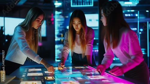 Group of female entrepreneurs brainstorming new ideas on a digital touchscreen display in a tech-savvy workspace