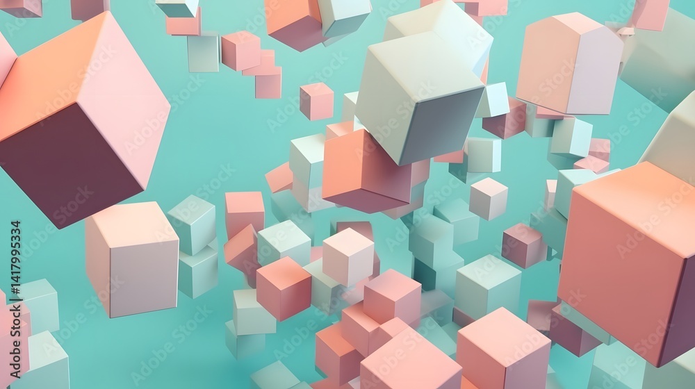 Obraz premium Geometric 3D cubes floating in air pastel color scheme, 3D illustration of purple and pink shapes floating