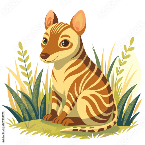 baby thylacine sitting in tall grass, soft vintage colors, cartoon extinct animal, pastel vector, stylized stripes