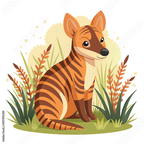 baby thylacine sitting in tall grass, soft vintage colors, cartoon extinct animal, pastel vector, stylized stripes