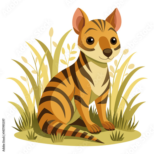 baby thylacine sitting in tall grass, soft vintage colors, cartoon extinct animal, pastel vector, stylized stripes