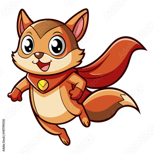 cute flying squirrel mid-air with cape, cartoon superhero style, vector illustration, flat design, bright colors