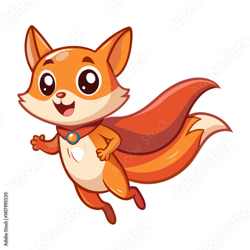 cute flying squirrel mid-air with cape, cartoon superhero style, vector illustration, flat design, bright colors