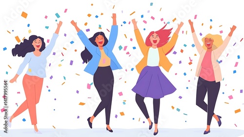 Happy and successful women celebrating team accomplishments in a corporate setting with confetti
