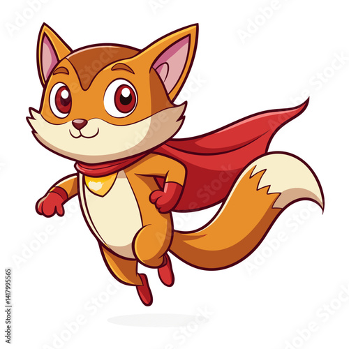 cute flying squirrel mid-air with cape, cartoon superhero style, vector illustration, flat design, bright colors