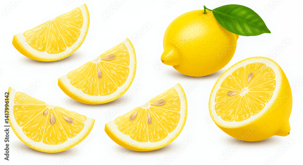 Fototapeta premium Juicy Lemon Slices and Whole Lemon Fruit Vibrant Yellow Citrus Refreshing Summer Fruit