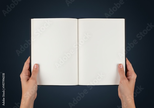 Woman holding blank book with both hands on dark background, ideal for showcasing text or design, concept of education, creativity, mockup