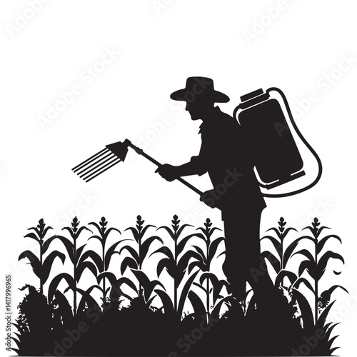 Silhouette of Farmer Spraying Pesticides in Corn Field Vector Illustration
