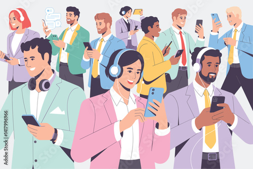 Set of business men and women holding smartphones and texting, talking, listening to music, taking selfie, Flat Vector illustration