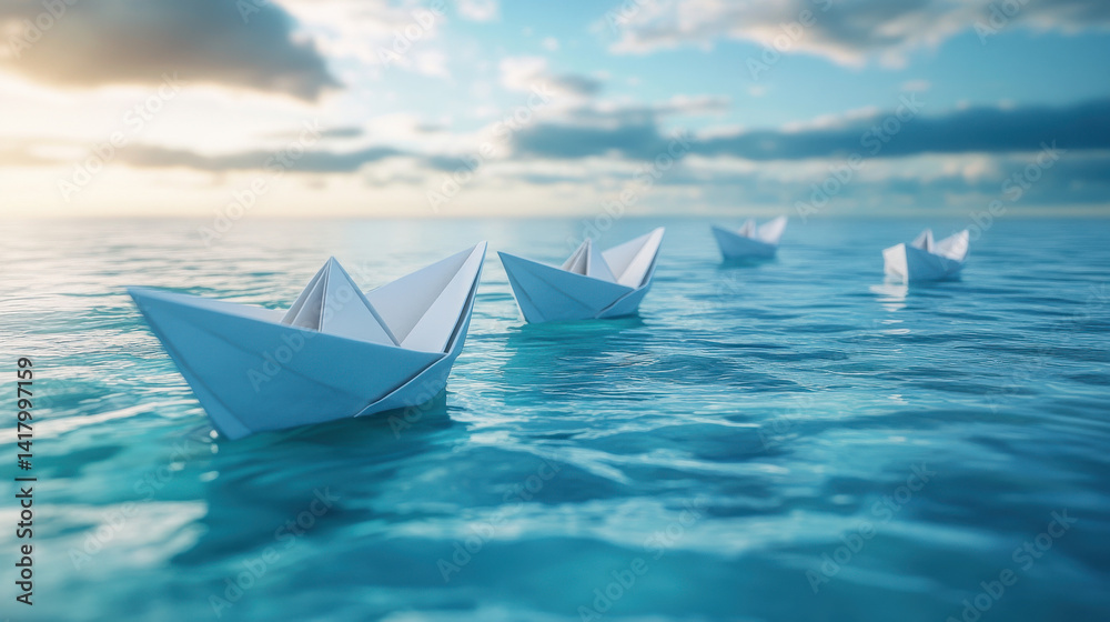 White Paper Boats Sailing on a Calm Blue Ocean at Sunset White Paper Boats Sailing on a Calm Blue Ocean at Sunset