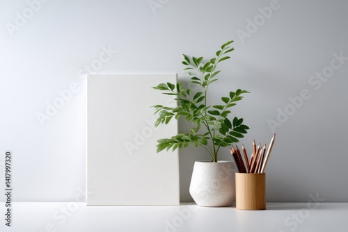 minimalist artist workspace showcasing blank canvas array of sketching pencils and wooden desk