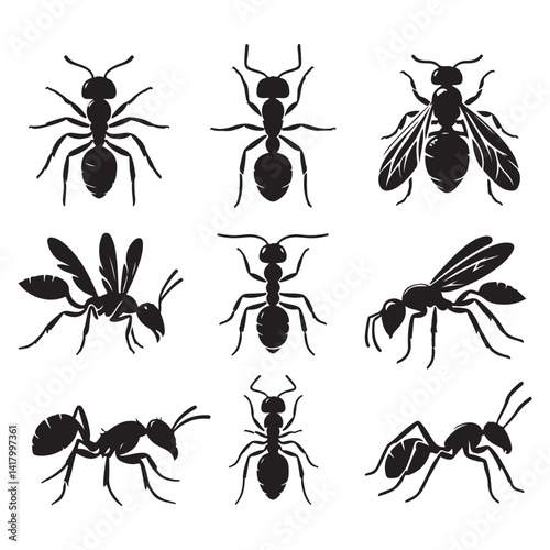 Ants Insects Silhouette Collection Crawling Bug Vector Illustration