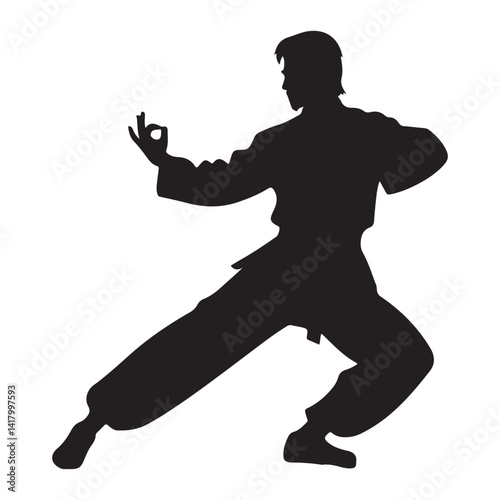 Martial Artist Silhouette in Fighting Stance Vector Graphic Art