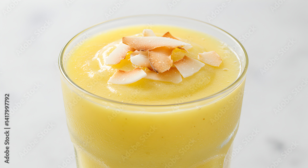 Refreshing Tropical Smoothie Made with Mango and Coconut Topped with Flakes Refreshing Tropical Smoothie Made with Mango and Coconut Topped with Flakes