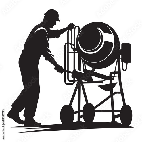 Construction Worker with Cement Mixer Silhouette Vector Graphic Illustration