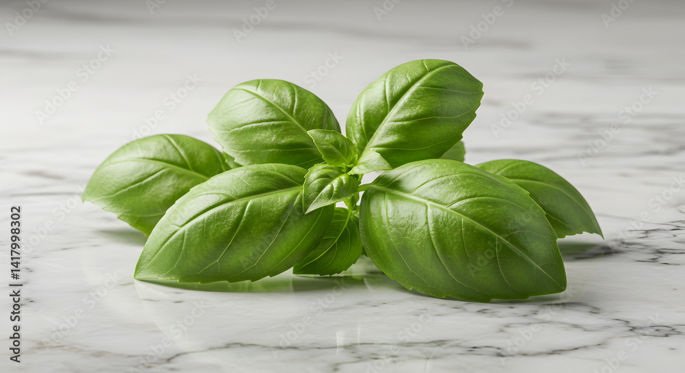 Fototapeta premium Fresh Basil Leaves On Marble Countertop For Culinary Herb Usage