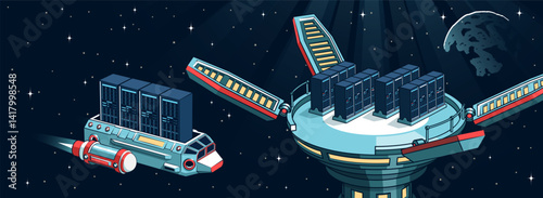 Space transport system delivering data servers to futuristic space station in orbit. Vector retro comics style.