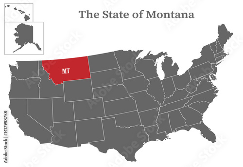 The state of Montana on the map of the United States of America is highlighted in red. States of the USA with borders on a general map