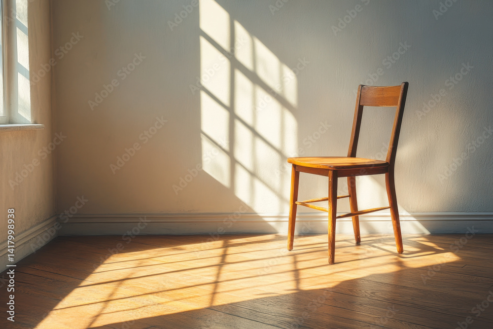 Fototapeta premium Single, empty chair by window in a sunlit room.