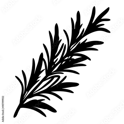 A beautifully rendered silhouette illustration of a rosemary sprig on white