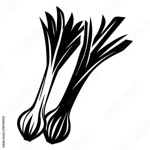 Two stylized scallions or leeks in bold black and white design