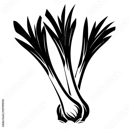 Stylized monochrome illustration of three leeks with sharp pointed leaves design