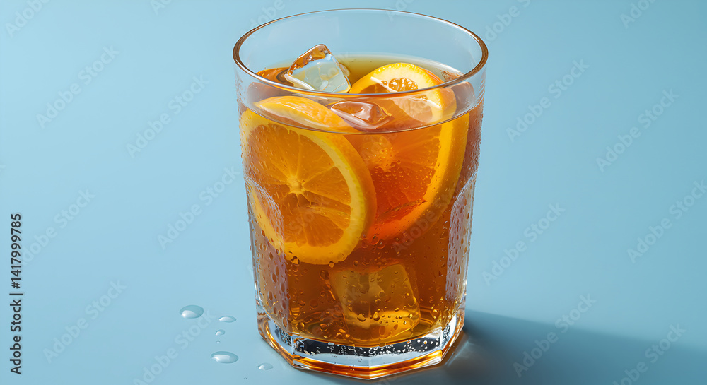 Refreshing Orange Drink With Ice Cubes On A Bright Blue Background Refreshing Orange Drink With Ice Cubes On A Bright Blue Background