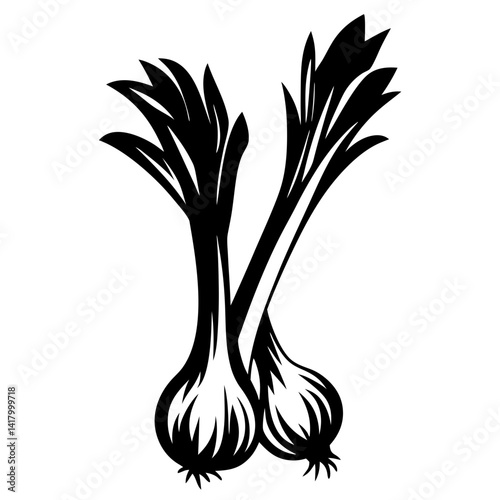 Black and White Graphic Design of Leeks With Elegant Stylization of Veggies