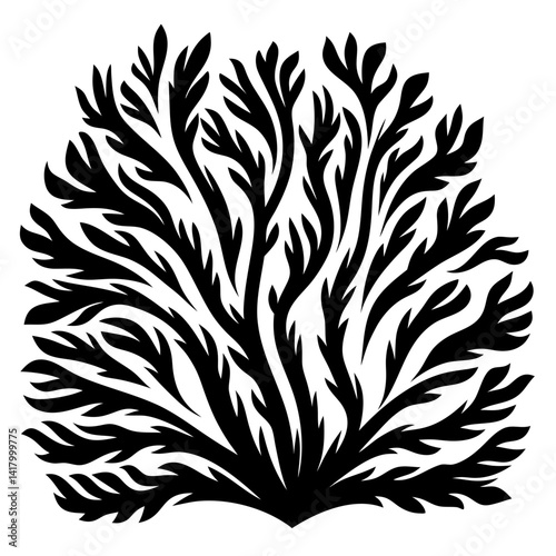 Stylized bushy plant illustration in black ink on white background, bold graphic