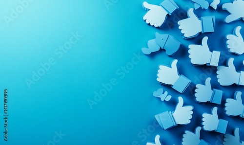 Blue thumbs up icons, social media, online approval, positive feedback