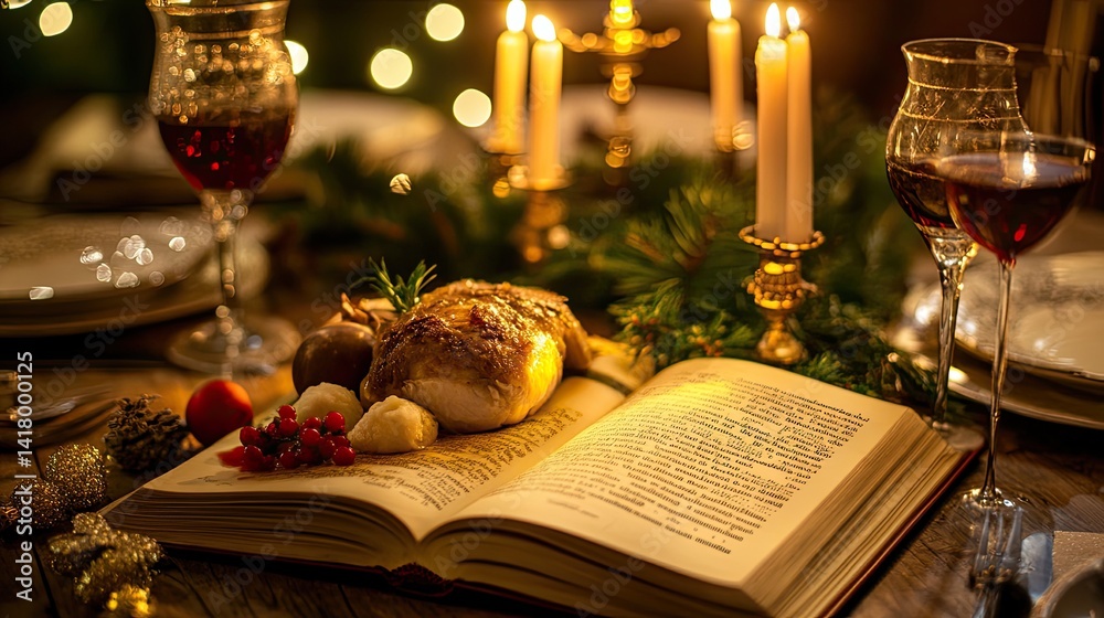 Lutefisk holiday feast glowing on open book page, tradition meets elegance.