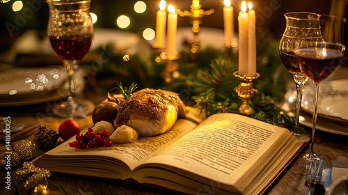 Obraz na płótnie Lutefisk holiday feast glowing on open book page, tradition meets elegance. w salonie