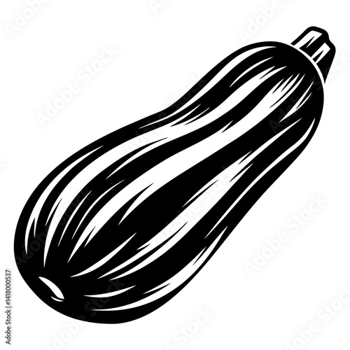 Stylized black and white zucchini illustration with abstract shading and simple form