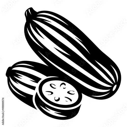 Monochrome Graphic of Zucchinis, Whole and Sliced, in Bold Black and White