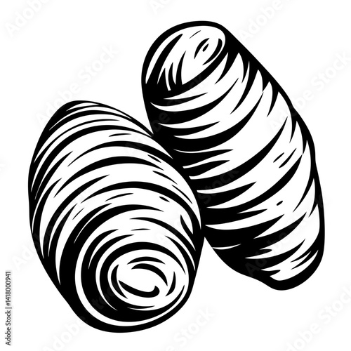 Two monochrome taro roots with detailed line work and strong contrast