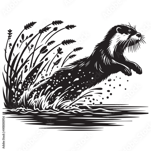 Silhouette Otter Leaping Water Illustration Vector Wildlife Design