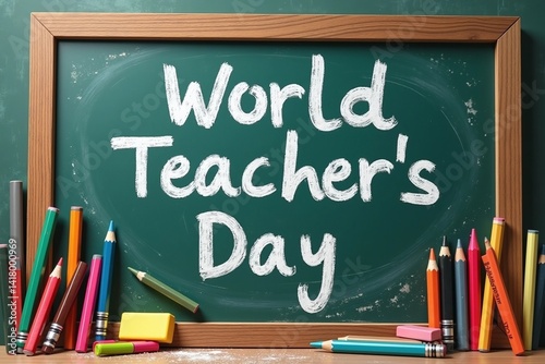 World Teacher’s Day Chalkboard Poster with Stationery .

