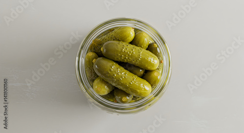 Glass Jar Of Small Pickled Cucumbers In Brine Overhead Close Up View photo